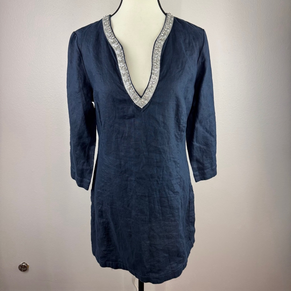 Malvin Tunic Top Womens L Large Blue Linen V-Neck Rhinestones 3/4 Sleeve NEW